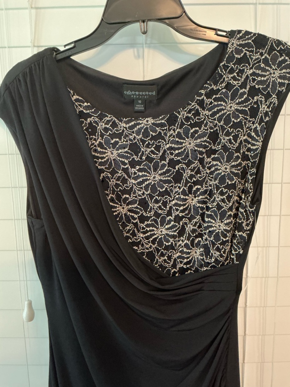 NWT Connected Apparel Black One-Shoulder Dress with Gold Lace Overlay